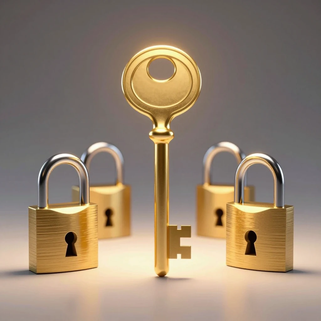 Clé dorée émettant un halo de lumière, entourée par quatre cadenas.