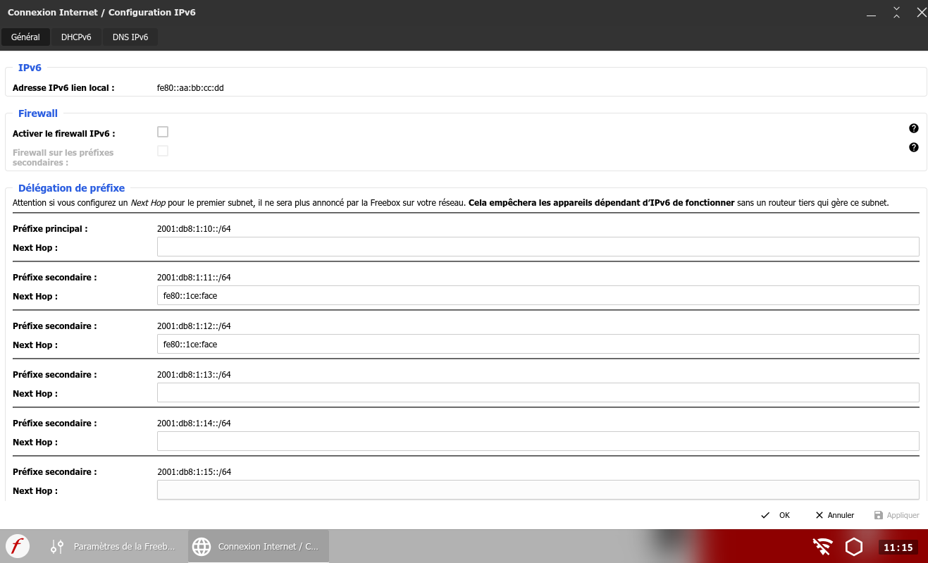 Interface de gestion montrant 6 sous-réseaux en /64 allant de 2001:db8:1:10::/64 à 2001:db8:1:15::/64